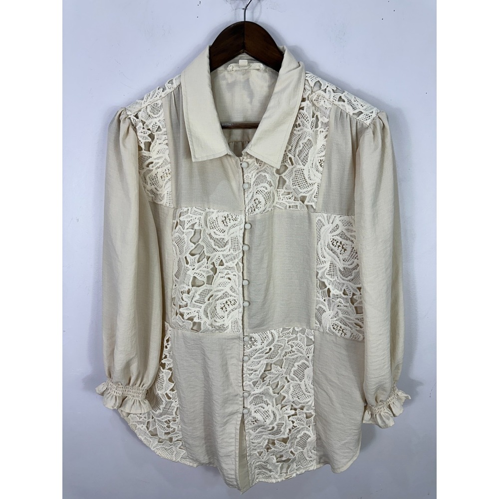 Indigo Thread Co. Lace Patchwork Button-Down Top Ivory Long Cottage Boho Large